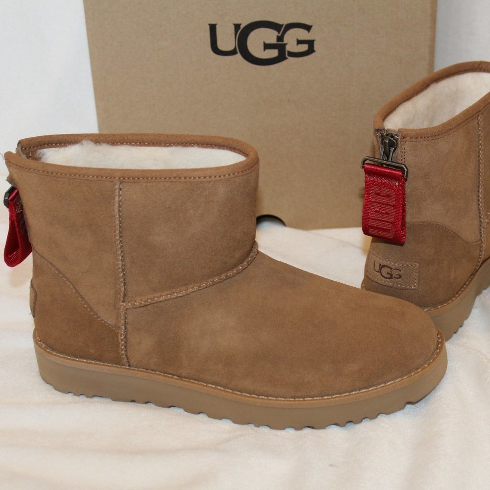 NIB UGG WOMEN'S CLASSIC MINI ZIP SUEDE‎ SHEARLING BOOTIE BOOTS CHESTNUT